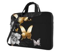 BYPPJGH Gold White Butterflies Black Laptop Shoulder Bag For Men Women Briefcase Messenger Bag W/Strap Handle Waterproof Laptop Sleeve Bag 15.6 Inch