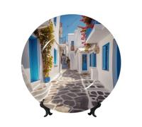 BYPPJGH Greece Street Ceramic Decorative Plates Bone China Decorative Plate with Display Stand Handmade Ceramic Ornament Personality Porcelain Dinner Plate Crafts for Home Office Wall Decoration 15cm