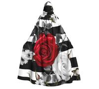 BYPPJGH Halloween Hooded Cape For Adult Black White Stripes Red Rose Flowers Full Length Cape Cloak Halloween Christmas Cosplay Costume For Men And Women