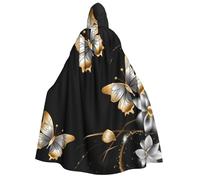 BYPPJGH Halloween Hooded Cape For Adult Gold White Butterflies Black1 Full Length Cape Cloak Halloween Christmas Cosplay Costume For Men And Women