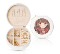 BYPPJGH Japan Anime Small Jewelry Box Leather Travel Jewelry Case Waterproof Round Jewelry Organizer White For Womens Rings Necklaces Gifts