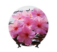 BYPPJGH Pink Flower Ceramic Decorative Plates Bone China Decorative Plate with Display Stand Handmade Ceramic Ornament Personality Porcelain Dinner Plate Crafts for Home Office Wall Decoration 25cm