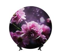 BYPPJGH Pink Flowers Ceramic Decorative Plates Bone China Decorative Plate with Display Stand Handmade Ceramic Ornament Personality Porcelain Dinner Plate Crafts for Home Office Wall Decoration 25cm