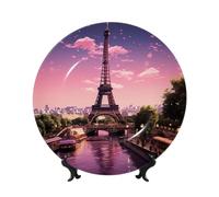 BYPPJGH Pink Paris Ceramic Decorative Plates Bone China Decorative Plate with Display Stand Handmade Ceramic Ornament Personality Porcelain Dinner Plate Crafts for Home Office Wall Decoration 17cm