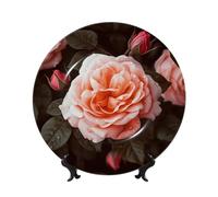 BYPPJGH Rose Flower Ceramic Decorative Plates Bone China Decorative Plate with Display Stand Handmade Ceramic Ornament Personality Porcelain Dinner Plate Crafts for Home Office Wall Decoration 25cm