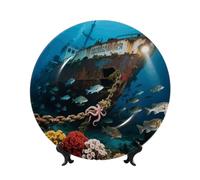 BYPPJGH Sea World Ceramic Decorative Plates Bone China Decorative Plate with Display Stand Handmade Ceramic Ornament Personality Porcelain Dinner Plate Crafts for Home Office Wall Decoration 25cm