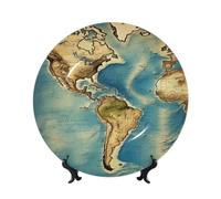 BYPPJGH World Map Ceramic Decorative Plates Bone China Decorative Plate with Display Stand Handmade Ceramic Ornament Personality Porcelain Dinner Plate Crafts for Home Office Wall Decoration 17cm