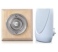 Byron 100m Wireless Period Plug-in Doorbell kit Push on Plinth (Natural Oak Chrome)