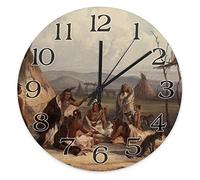 BYRON HOYLE Native American Indians Clock Indian Tribe Farmhouse clock Wooden Wall Clock 12 Inch Wall Clock Battery Operated Farmhouse Wall Decor Home Decor for Kitchen,Living Room,Bedroom,Office