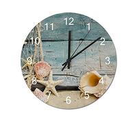 BYRON HOYLE Wall Clock Starfish Conch Shell Beach Shabby Wood Wooden Wall Clock Battery Operated Farmhouse Clocks Wall Decor Home Decor for Living Room Kitchen Home Bathroom Bedroom 12 Inch