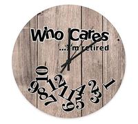 BYRON HOYLE Wood background Wall Clock Retirement Clock Who Cares I'm Retired Wall Clock Battery Operated Farmhouse Clock Decor for Kitchen, Living Room, Bedroom, Retirement Gift,10 Inch