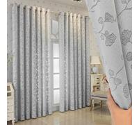 BYSURE Set of 2 Jacquard Curtains, Semi-Transparent with Ginkgo Leaf Pattern, Romantic Decorative Curtain, Eyelet Curtains for Bedroom, Living Room, 140 x 215 cm, Grey