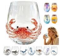 ByteCraft Artisanal Blue Ringed Octopus Glassware, Artistic 3D Octopuses Stemless Wine Glasses, Handcrafted Marine Animal Bar Glass, Coastal Home Decor Gift for Ocean Lovers (Crab)
