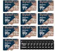 ByteFest 10 Pack 16GB MicroSD Card with 10 Adapter, UHS-I U1 High Speed TF Card A1 C10 V10, FHD Video, 80MB/s, Micro SDHC Flash Memory Card for MP3 MP4 Player/Camera/Android Phones/Tablets/Dash Cams