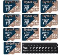 ByteFest 10 Pack 64GB Micro SD Card with 10 Adapter, UHS-I U3 micro SDXC, C10 V30 Full HD 4K UHD, Ultra Fast TF Card for Action Cameras Drone Game Consoles