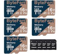 ByteFest 5 Pack 16GB MicroSD Card with 5 Adapter, UHS-I U1 High Speed TF Card A1 C10 V10, FHD Video, 80MB/s, Micro SDHC Flash Memory Card for MP3 MP4 Player/Camera/Android Phones/Tablets/Dash Cams