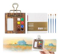 BYTLEOUTJ 7 PCS Pocket Artist Watercolour Travel Set - 8 Grids Travel Watercolour Paint Set Portable for Travel with Foldable Wooden Palette, Sketchbook, Brush