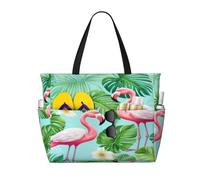 BYTUNE Waterproof Foldable Sandproof Beach Bag with Multiple Pockets for Summer Holiday, Pink Flamingo, 17.7 x 6.7 x 15 inches