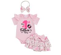 BYUSBAYA Baby Girls My 1st Father's Day Outfits Letter Print Round Neck Short Sleeve Romper Elastic Waist Shorts Headband 3Pcs Summer Clothes Set (Pink, 0-3 Months)