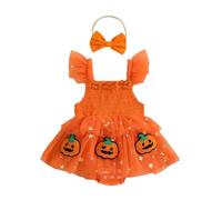 BYUSBAYA First Halloween Baby Girl Outfit Fly Sleeve Square Neck Pumpkin Spider Bat Tulle Tutu Romper Dress Cute Fall Clothes (Orange Romper Dress, 6-9 Months)