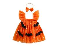 BYUSBAYA First Halloween Baby Girl Outfit Fly Sleeve Square Neck Pumpkin Spider Bat Tulle Tutu Romper Dress Cute Fall Clothes (Orange Bats Romper Dress, 6-9 Months)