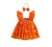 BYUSBAYA First Halloween Baby Girl Outfit Fly Sleeve Square Neck Pumpkin Spider Bat Tulle Tutu Romper Dress Cute Fall Clothes (Orange Pumpkin Romper Dress, 6-9 Months)