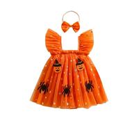 BYUSBAYA First Halloween Baby Girl Outfit Fly Sleeve Square Neck Pumpkin Spider Bat Tulle Tutu Romper Dress Cute Fall Clothes (Orange Spiders Romper Dress, 9-12 Months)
