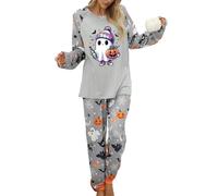 BYUSBAYA Halloween Pajamas Set for Women 2 Piece Loungewear Holiday Pjs Long Sleeve Shirts and Pants Ghosts Graphic Spooky Season Sleepwear (B Grey Colorful Hat Ghost, M)
