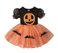 BYUSBAYA Toddler Baby Girls Halloween Outfits Spider Bat Puff Sleeve Lace Tulle Tutu Gown Romper Dress Vampire Witch Costumes (Black Orange Pumpkin Bat Dress, 6-12 Months)
