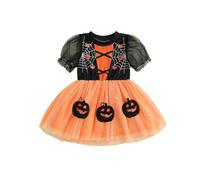 BYUSBAYA Toddler Baby Girls Halloween Outfits Spider Bat Puff Sleeve Lace Tulle Tutu Gown Romper Dress Vampire Witch Costumes (Black Orange Pumpkin Dress, 6-12 Months)