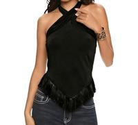 BYUSBAYA Women Halter Fringe Crop Top Criss Cross Neck Tie Back Sleeveless Tassel Hem Backless Shirt for Summer Streetwear