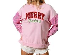 BYUSBAYA Womens Christmas Sequin Sweatshirts Santa Graphic Crewneck Pullover Xmas Glitter Patch Long Sleeve Holiday Shirt Top (Merry Christmas Pink, L)