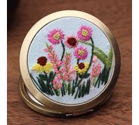 BYVUTE Embroidery Pocket Mirror Kit, DIY Vintage Compact Portable Floral Round Mirror Travel Mirrors Personal Cosmetic Metal Foldable Mirror for Women Girls (Round F)