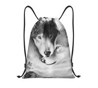 BYwenhopnbs Black And White Wolf Print Drawstring Bag String Bag Lightweight Gym Backpack for Men Women