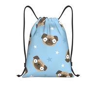 BYwenhopnbs Cartoon Pug Dog Head And Stars Blue Background Drawstring Bag String Bag Lightweight Gym Backpack for Men Women