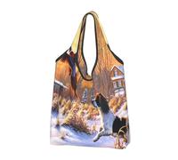 BYwenhopnbs Dog Catching Pheasant Printed Foldable Tote Bag, Waterproof Reusable Shopping Fold Up Bag for Travel