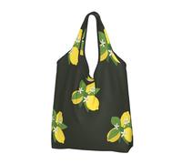 BYwenhopnbs Lemon With Branch And Lilies Bouquet Black Foldable Tote Bag, Waterproof Reusable Shopping Fold Up Bag for Travel