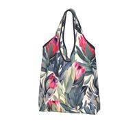 BYwenhopnbs Painted Protea Pattern On White Background Foldable Tote Bag, Waterproof Reusable Shopping Fold Up Bag for Travel