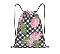 BYwenhopnbs Print Roses On Black White Plaid Drawstring Bag String Bag Lightweight Gym Backpack for Men Women