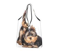 BYwenhopnbs Two Yorkshire Terrier Puppies Foldable Tote Bag, Waterproof Reusable Shopping Fold Up Bag for Travel