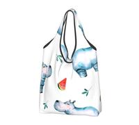 BYwenhopnbs Watercolor Cute Hippo Watermelon Foldable Tote Bag, Waterproof Reusable Shopping Fold Up Bag for Travel