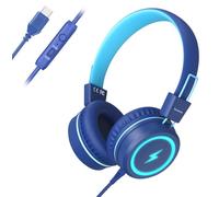 Bywulanda Kids Headphones with LED Lights for School, Upgrade USB Type C Kid Headphone with Microphone, Volume Limiter 85/94dB, Wired On Ear Headphones for Boys/Girls/Tablet/Travel -Blue