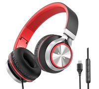 Bywulanda USB C Headphones with Mic and Volume Control, Hi-Fi Stereo Sound for iPhone 15 16 Pro, Wired Over-Ear Headphones for Smartphones Chromebook Laptop Tablets Travel(Black/Red)