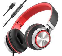 Bywulanda USB C Headphones with Mic and Volume Control, Over Ear Stereo Headsets for iPhone 15 16 Pro, Wired Foldable Headphones for Smartphones Chromebook Laptop Tablets Travel(Red)