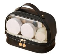 BYYLE ouble Layer PU Makeup Bag for Women, Large Travel Makeup Bag, Cosmetic Toiletry Bag with Brush Compartment & Handle 22x13x14cm