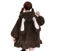 BZB Kawaii Anime Bunny Ear Hoodies For Women Sweet Lovely Fuzzy Fluffy Rabbit Sweater Tops Cosplay Jacket Coats, Brown, XXXL