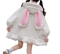 BZB Kawaii Anime Bunny Ear Hoodies For Women Sweet Lovely Fuzzy Fluffy Rabbit Sweater Tops Cosplay Jacket Coats, White, S