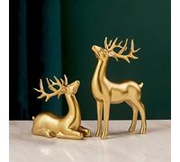 BZHIB 2 Pcs Reindeer Christmas Decorations, Standing & Sitting Reindeer Resin Sculpture, Gold Christmas Deer Table Centerpieces Supplies, 18cmx15cm/16cmx25cm