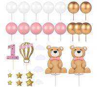 BZQCPLX 29 pcs Pink Bear Cake Toppers, Pink Cake Decoration,Blue Bear Birthday Party Supplies, Cupcake Toppers Pink Gold White Foam Balloon Pearl Ball