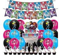 BZQCPLX Monster Girl Birthday Decorations, 32PCS Monster Theme Party Supplies,Anime Cartoon Party Decorations,Balloons Banner Cupcake Toppers,Children's Birthday Party Decorations